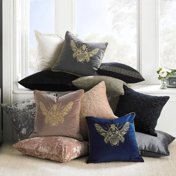 Square Cushion with Bee Embroidery - Blue, Velvet