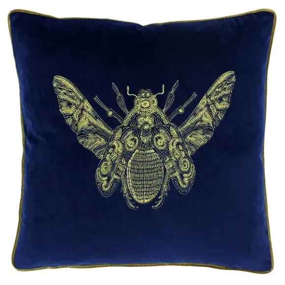 Square Cushion with Bee Embroidery - Blue, Velvet image