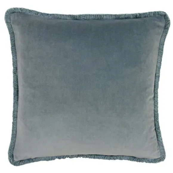 Square Cushion with Frayed Edge - Blue, Velvet
