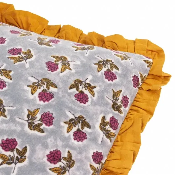 Square Cushion with Ruffle Trim - Blue, Cotton