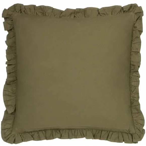 Square Cushion with Ruffle Trim - Green, Cotton