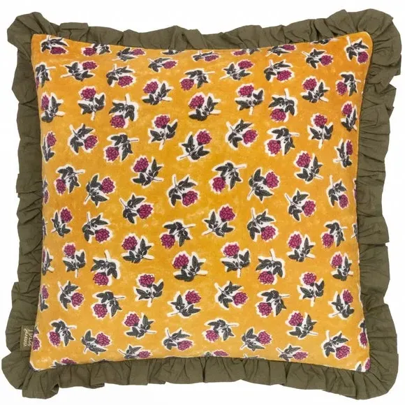 Square Cushion with Ruffle Trim - Green, Cotton