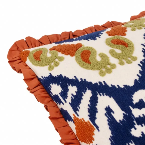 Square Embroidered Cushion with Frill - Amber, Cotton