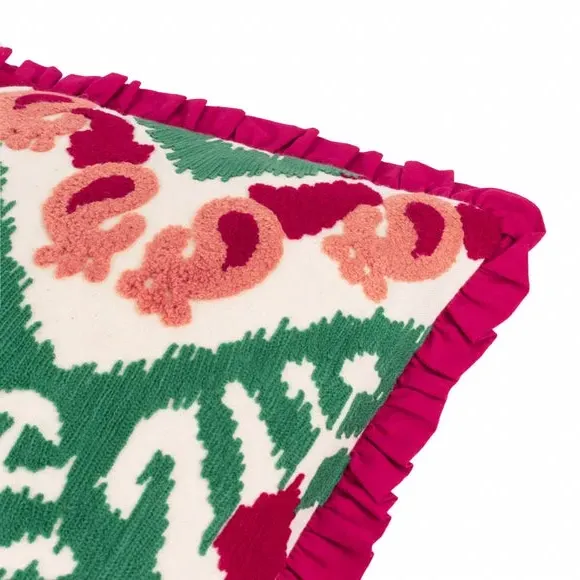 Square Embroidered Cushion with Frill - Cerise, Cotton
