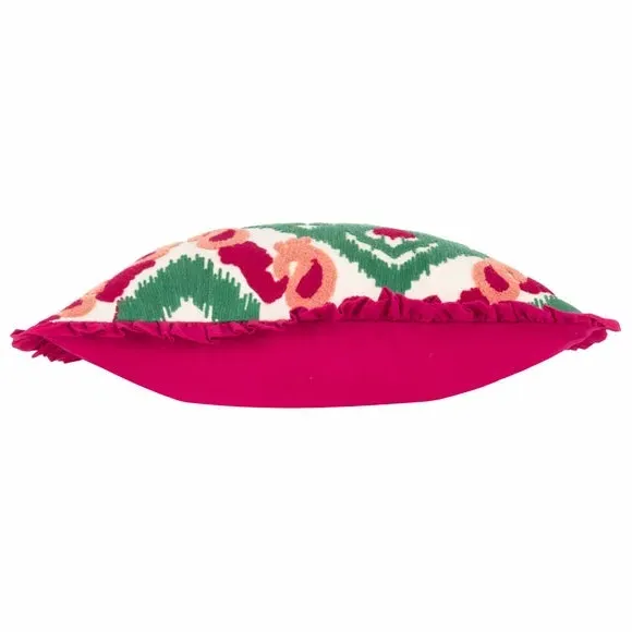 Square Embroidered Cushion with Frill - Cerise, Cotton
