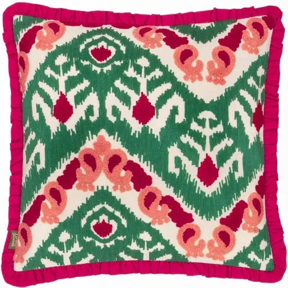 Square Embroidered Cushion with Frill - Cerise, Cotton