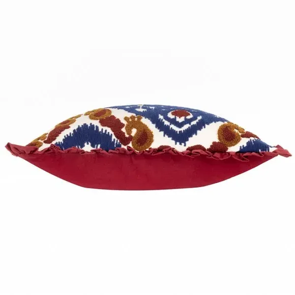 Square Embroidered Cushion with Frill - Ruby, Cotton
