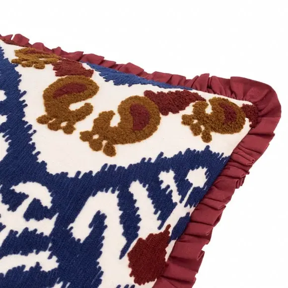 Square Embroidered Cushion with Frill - Ruby, Cotton