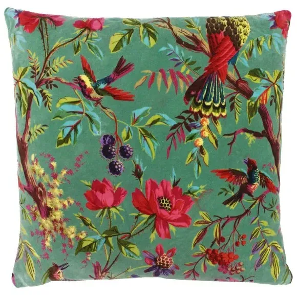 Velvet Cushion with Bird Print - Aqua, Cotton image