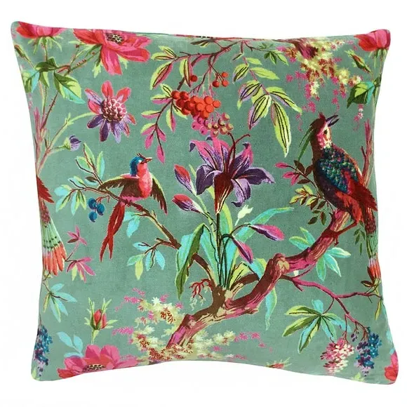 Velvet Cushion with Bird Print - Mineral, Cotton