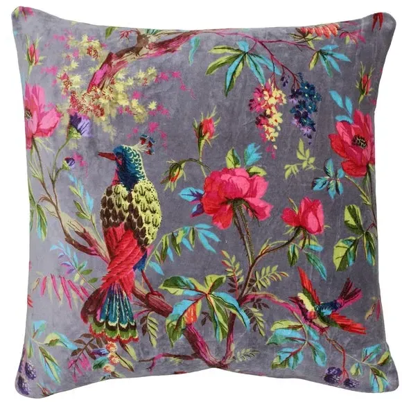 Velvet Cushion with Bird Print - Mink, Cotton