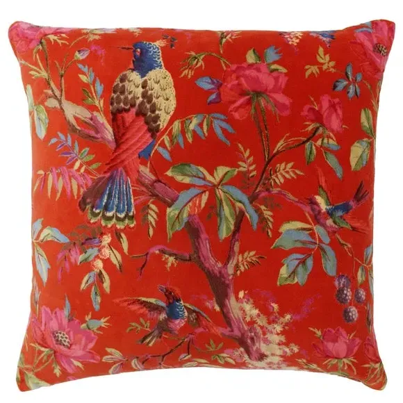 Velvet Cushion with Bird Print - Orange, Cotton