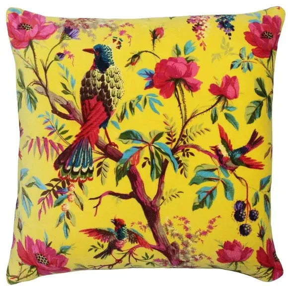 Velvet Cushion with Bird Print - Yellow, Cotton