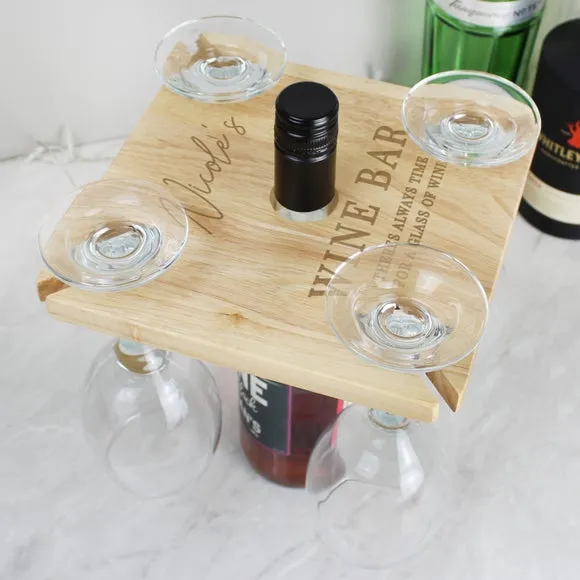 4-Glass Wine Holder with Bottle Stand - Natural Wood