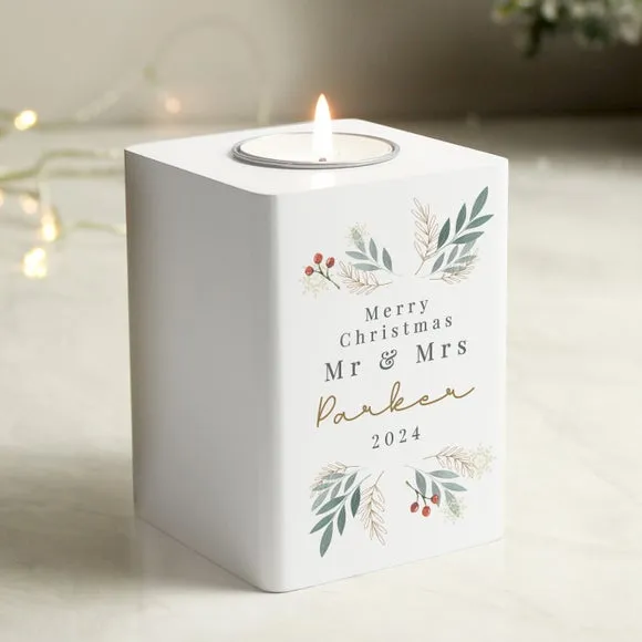 Christmas Foliage Tealight Holder - White, Wood