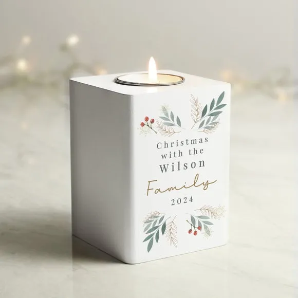Christmas Foliage Tealight Holder - White, Wood
