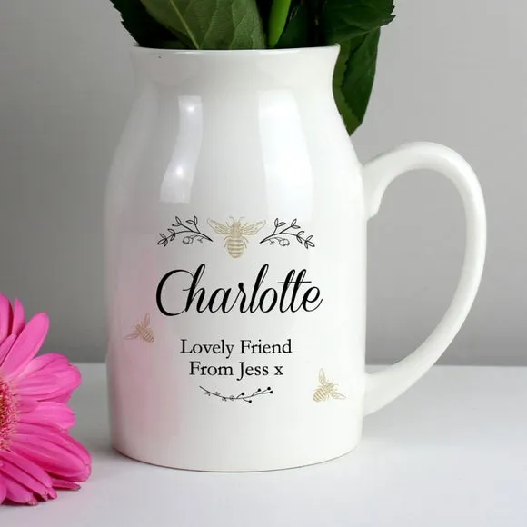 Floral Bee Jug Vase Personalised - White, Ceramic