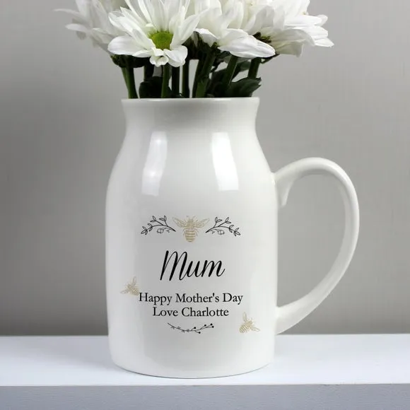 Floral Bee Jug Vase Personalised - White, Ceramic