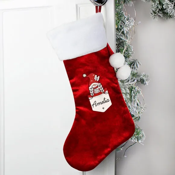 Girl Gnome Christmas Stocking - Red, Velvet