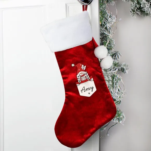 Girl Gnome Christmas Stocking - Red, Velvet