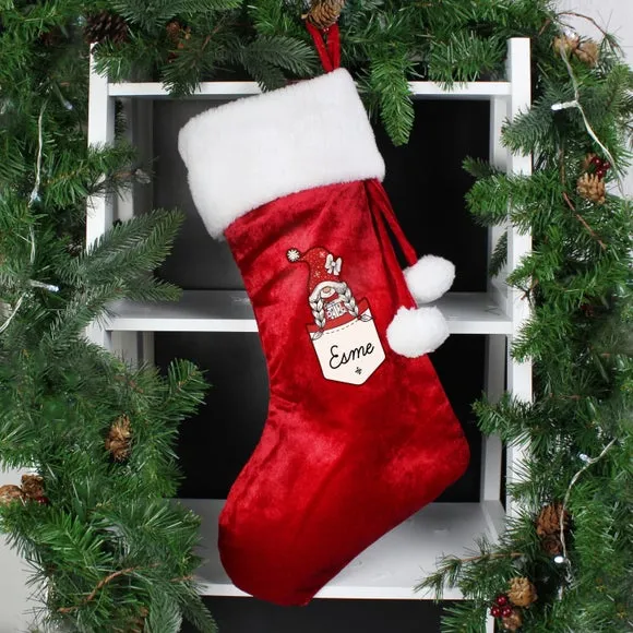 Girl Gnome Christmas Stocking - Red, Velvet image