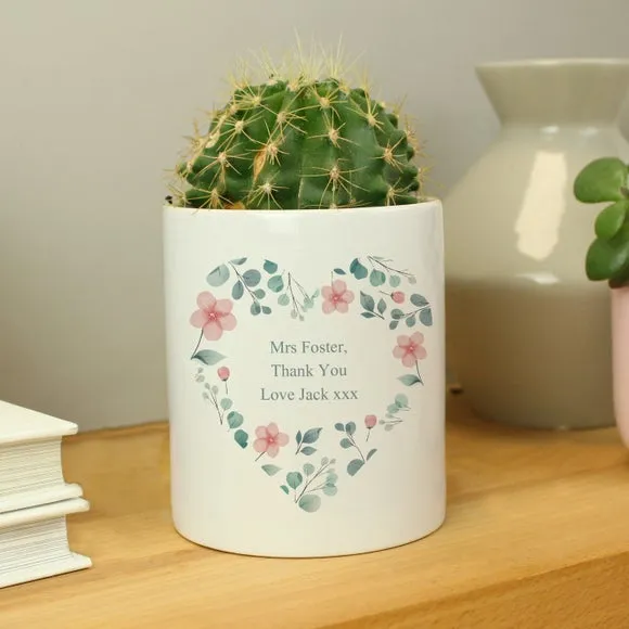 Heart Shaped Plant Pot with Floral Design - White