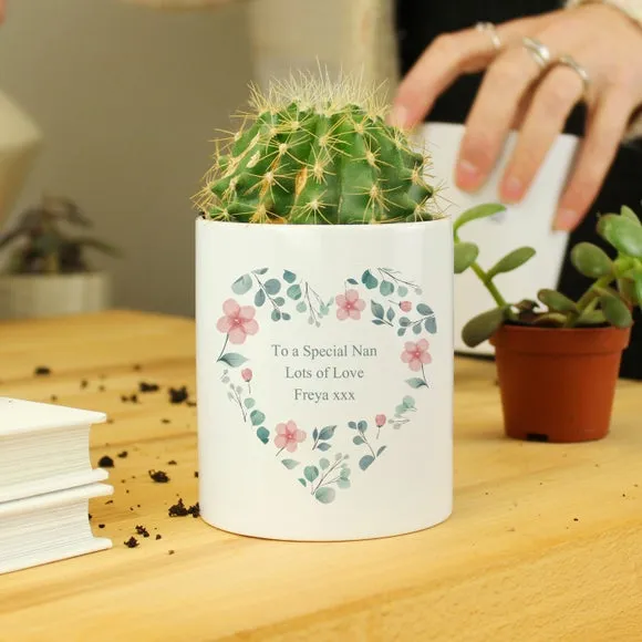 Heart Shaped Plant Pot with Floral Design - White