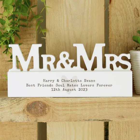 Heart Wooden Mr and Mrs Ornament - White