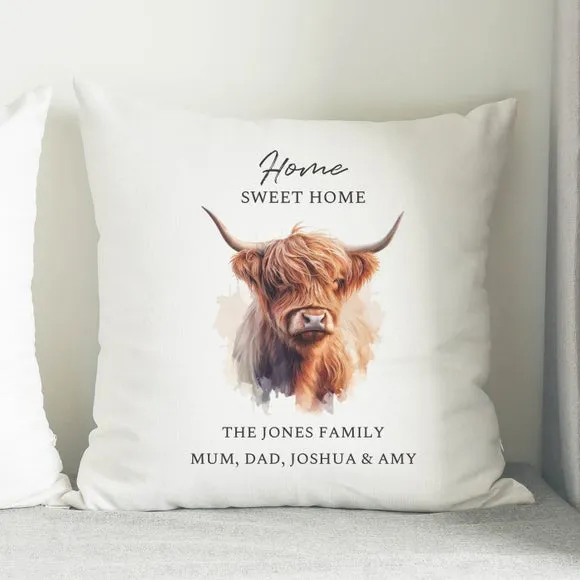 Highland Cow Cushion Personalised - White, Cotton