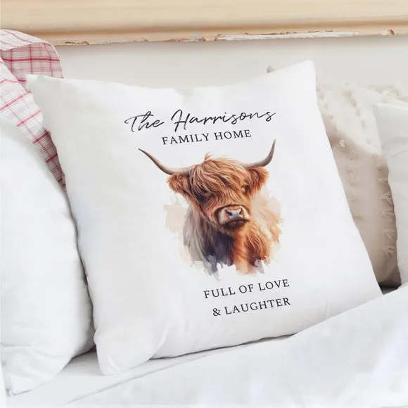 Highland Cow Cushion Personalised - White, Cotton