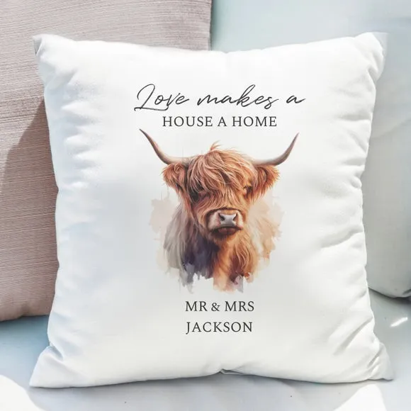 Highland Cow Cushion Personalised - White, Cotton image
