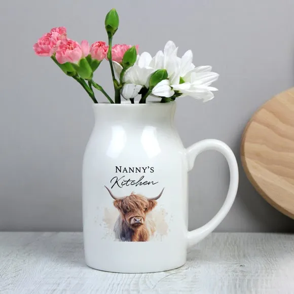 Highland Cow Flower Jug Vase - White, Ceramic