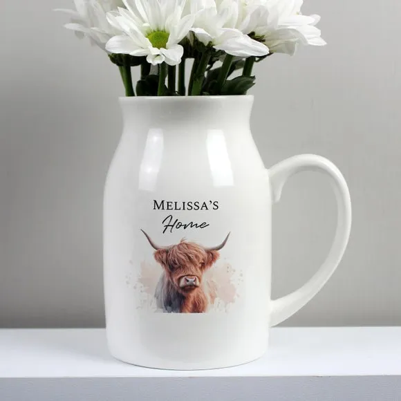Highland Cow Flower Jug Vase - White, Ceramic