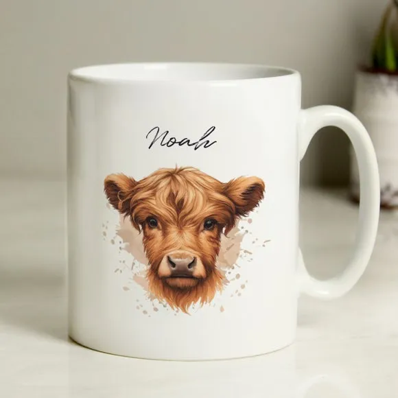 Highland Cow Mug Personalised - White, Ceramic