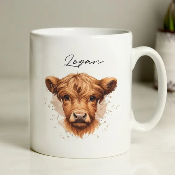 Highland Cow Mug Personalised - White, Ceramic