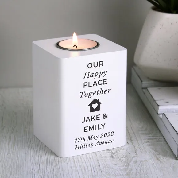 House Tealight Holder Personalised - White, Wood