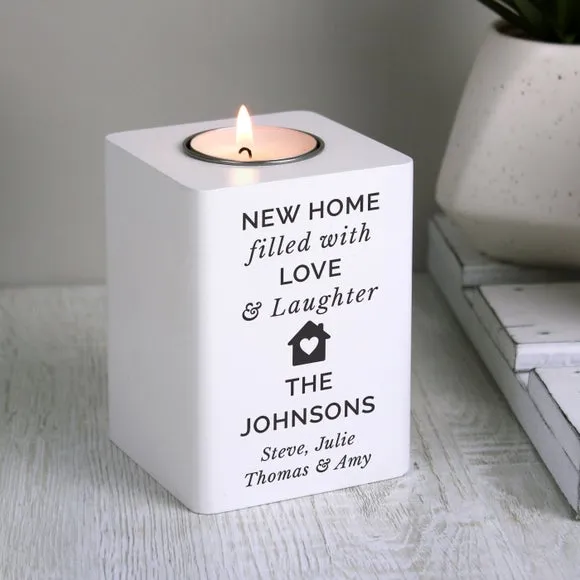 House Tealight Holder Personalised - White, Wood