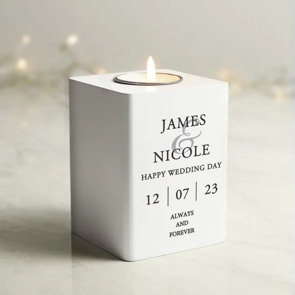 Personalised Couples Tealight Holder - White, Wood
