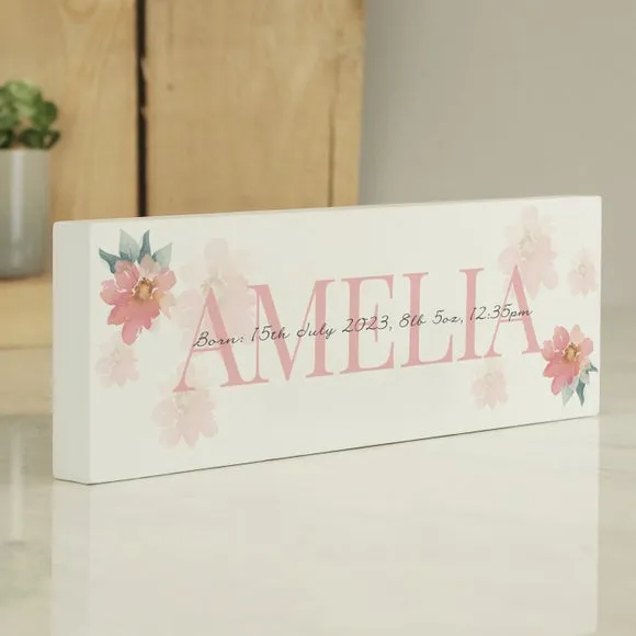 Personalised Floral Block Sign - White, Wood image