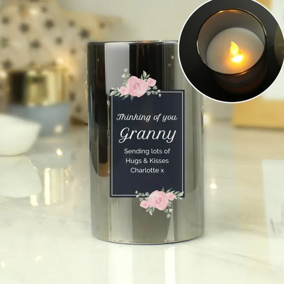 Personalised LED Candle with Floral Design - Grey
