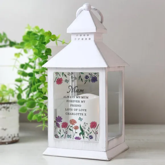 Personalised LED Lantern with Wildflowers - White
