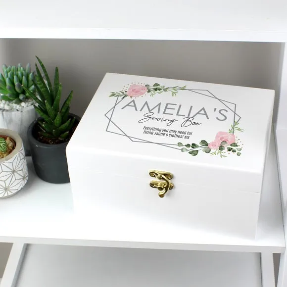 Personalised Memory Box with Rose Design - White Wood