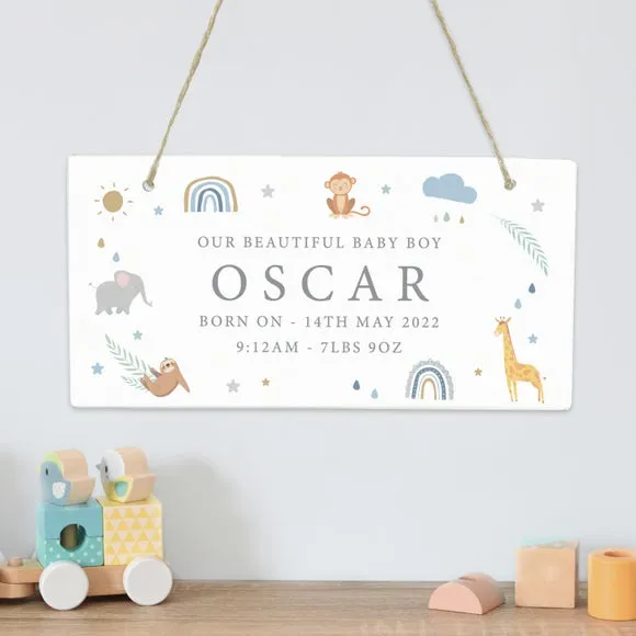 Personalised Safari Animals Wooden Sign - White