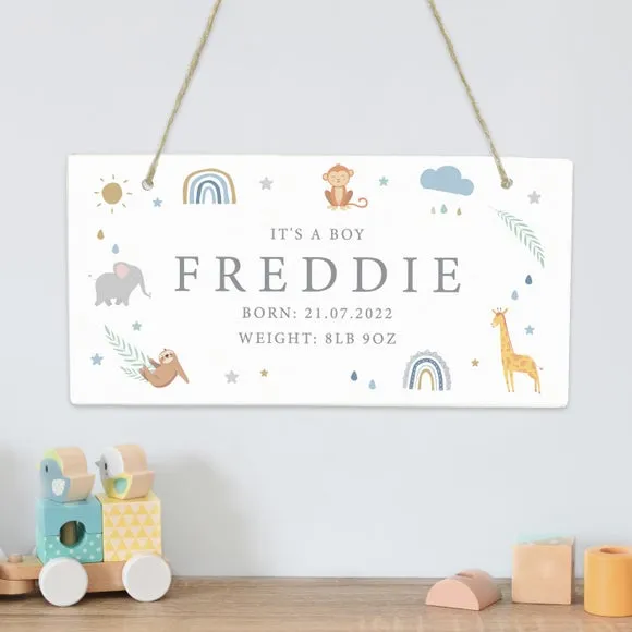 Personalised Safari Animals Wooden Sign - White image