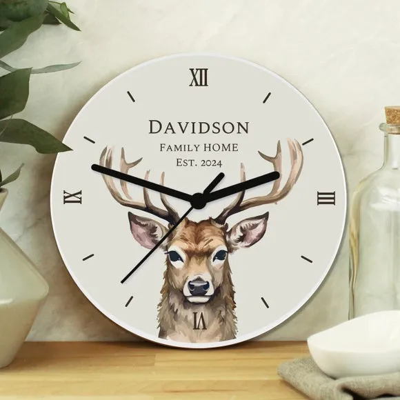 Personalised Stag Wall Clock - Natural, Wood