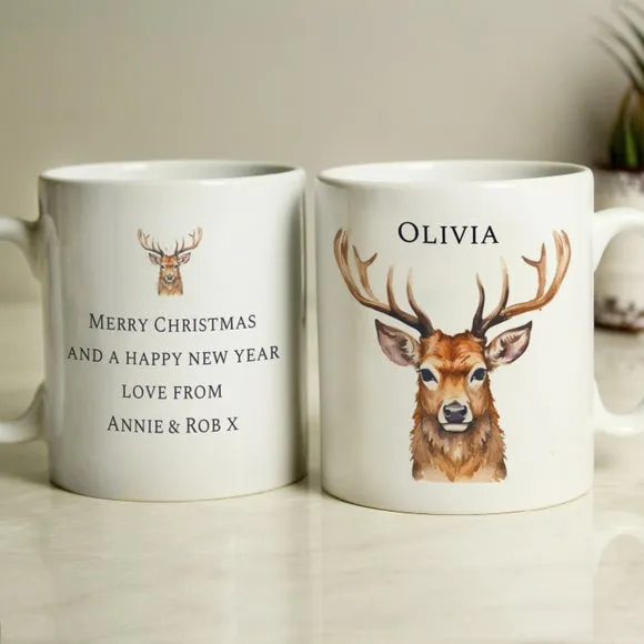 Personalised Watercolour Stag Mug - White, Ceramic