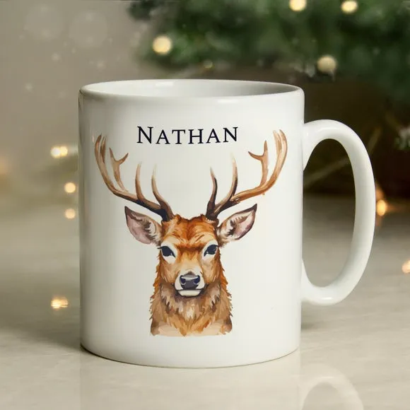 Personalised Watercolour Stag Mug - White, Ceramic