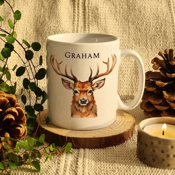 Personalised Watercolour Stag Mug - White, Ceramic