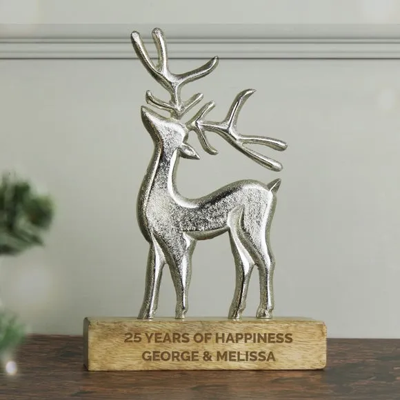 Stag Ornament with Wooden Base - Grey, Metal