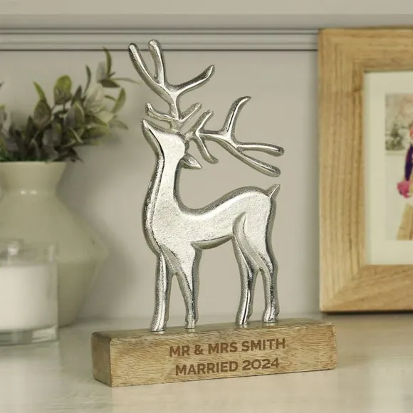 Stag Ornament with Wooden Base - Grey, Metal